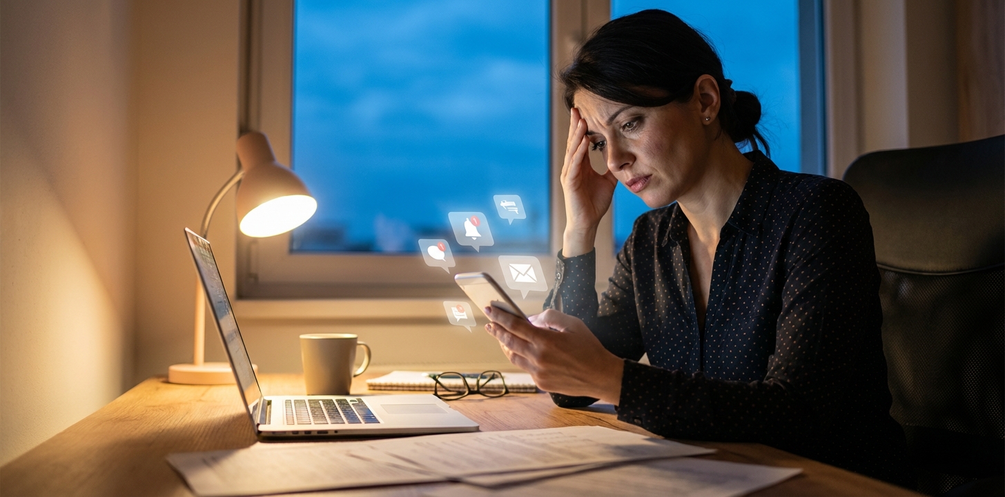 Przytłoczona kobieta przegląda wiadomości na telefonie wieczorem